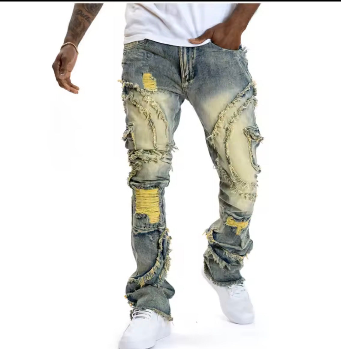 Men Ripped Stacked Jeans - Distressed Slim Fit Skinny Straight Legged