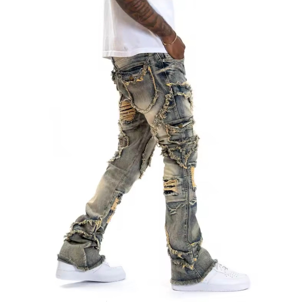 Men Ripped Stacked Jeans - Distressed Slim Fit Skinny Straight Legged