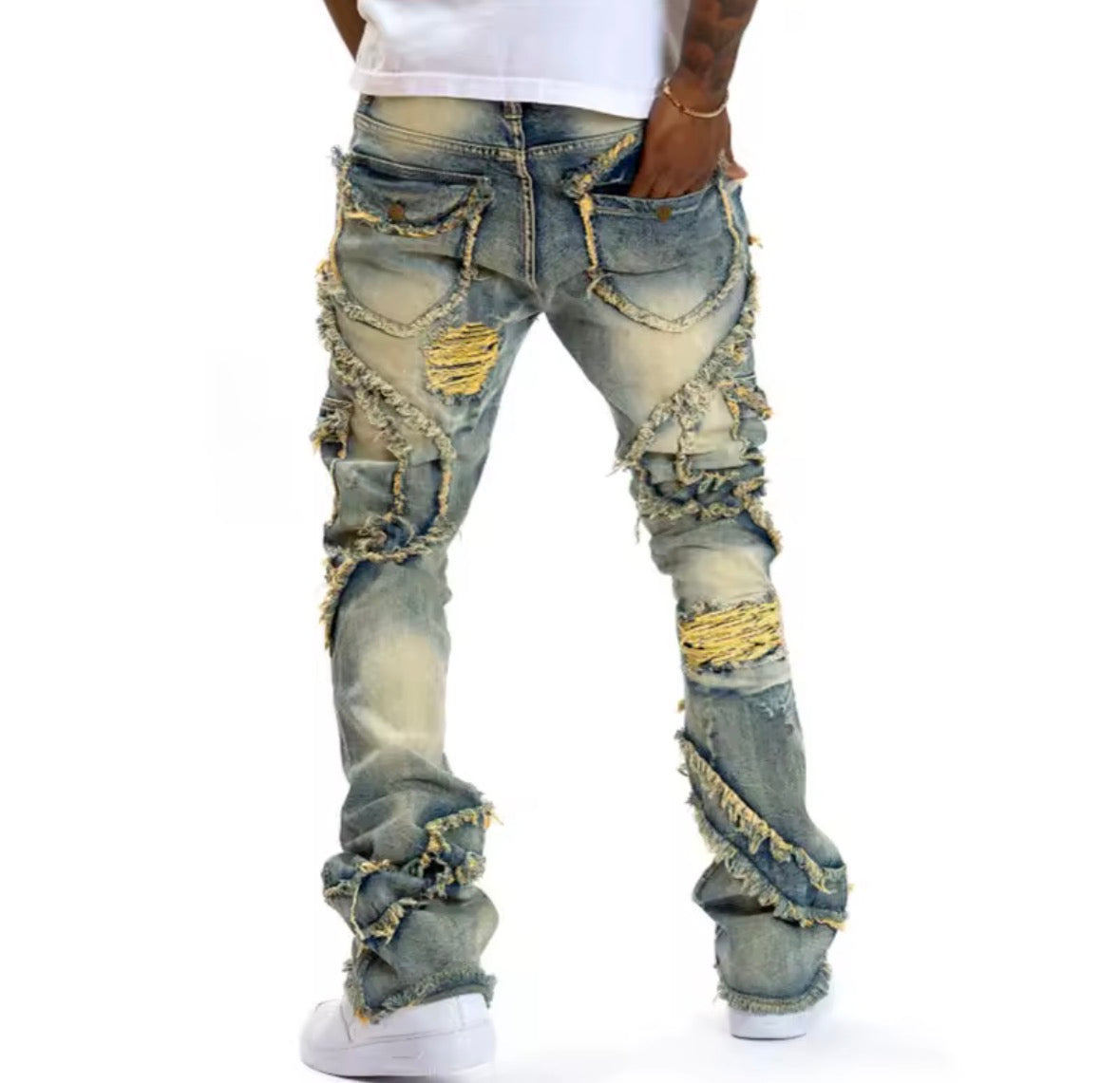 Men Ripped Stacked Jeans - Distressed Slim Fit Skinny Straight Legged