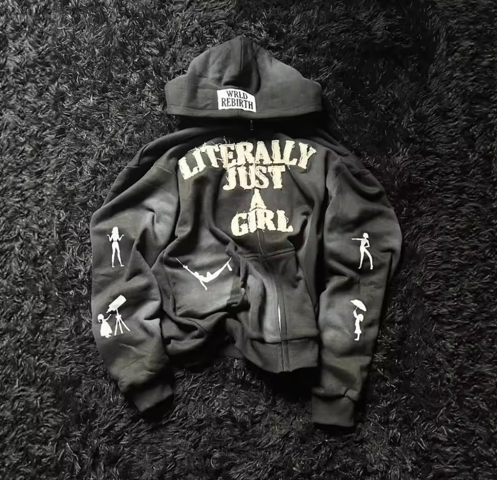 Y2K Hip Hop Hoodie Women 3D Print Letter Streetwear Loose Zip Up